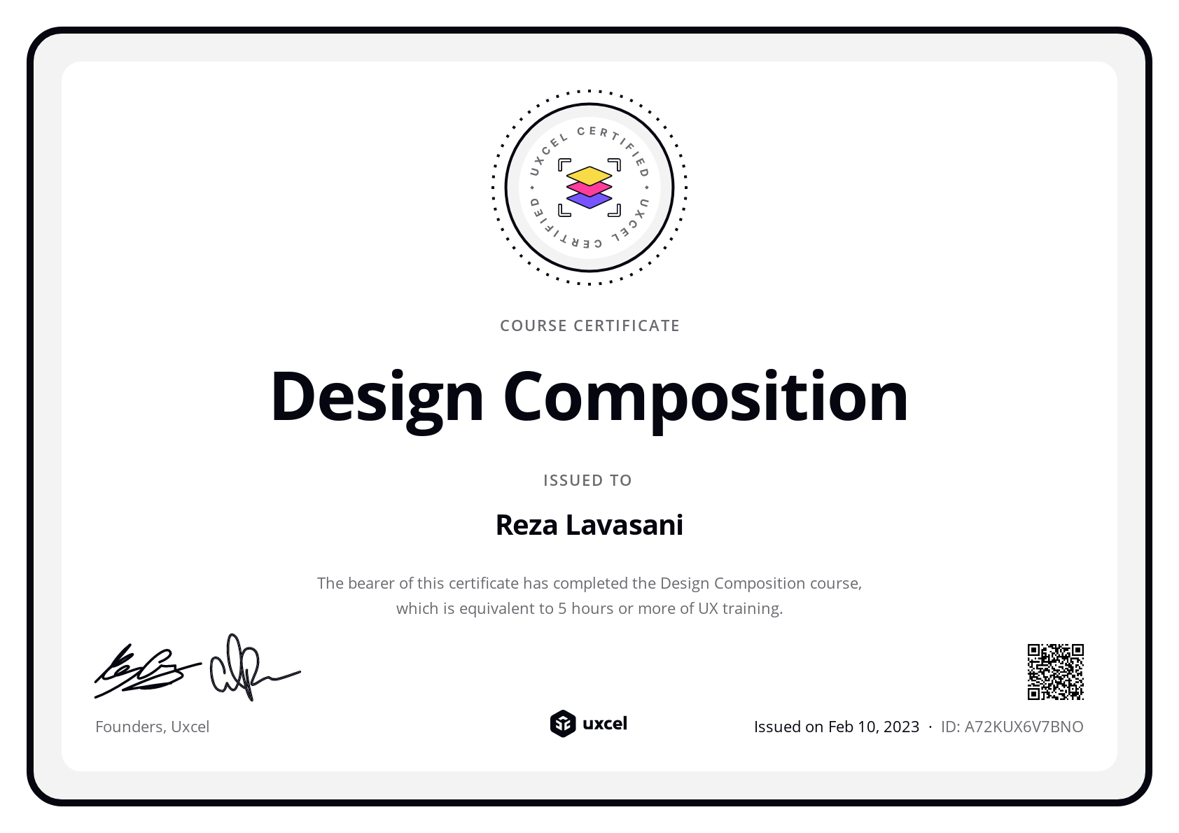 Reza Lavasani's certificate